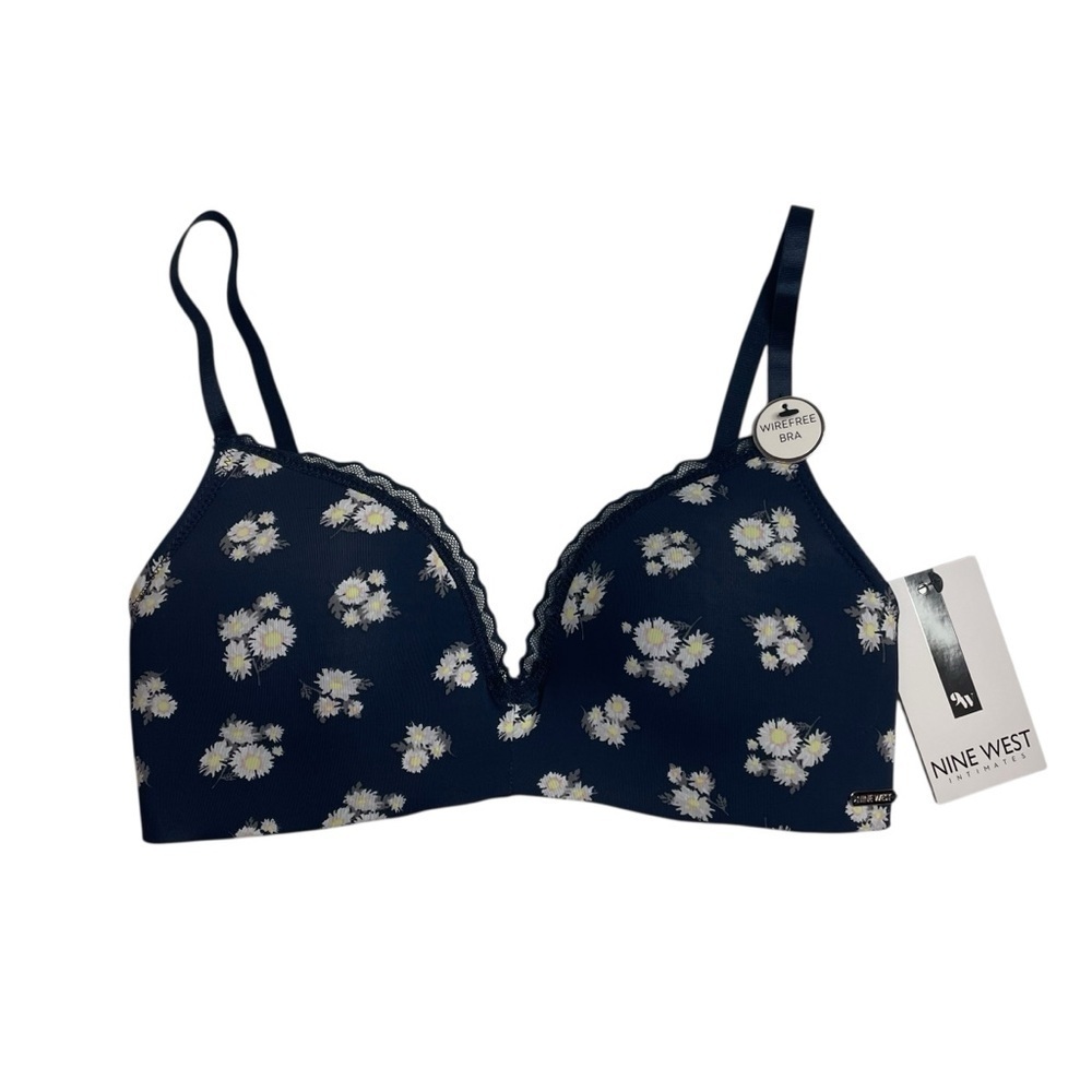 Nine West Wire-Free Bra Navy Daisy Print Lace Trim 34B New